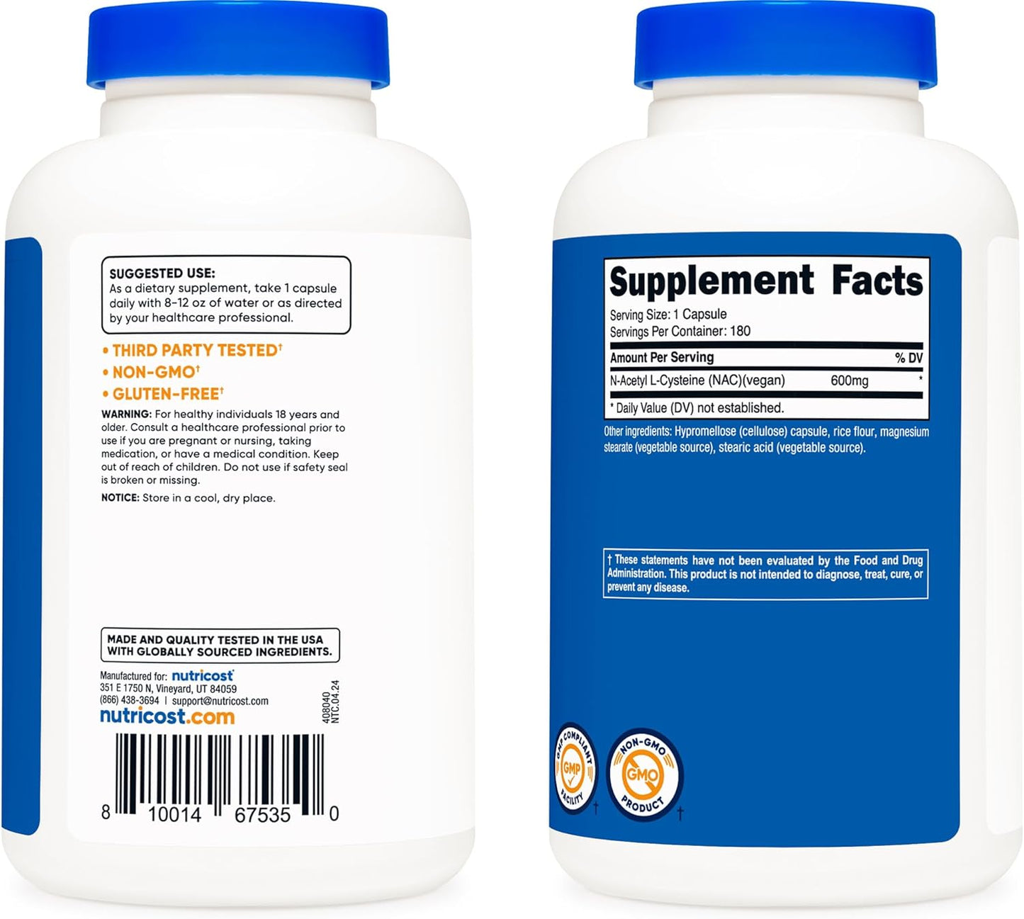 Nutricost NAC Vegan N-Acetyl L-Cysteine 600mg Per Serving Dietary Supplement, 180 Capsules