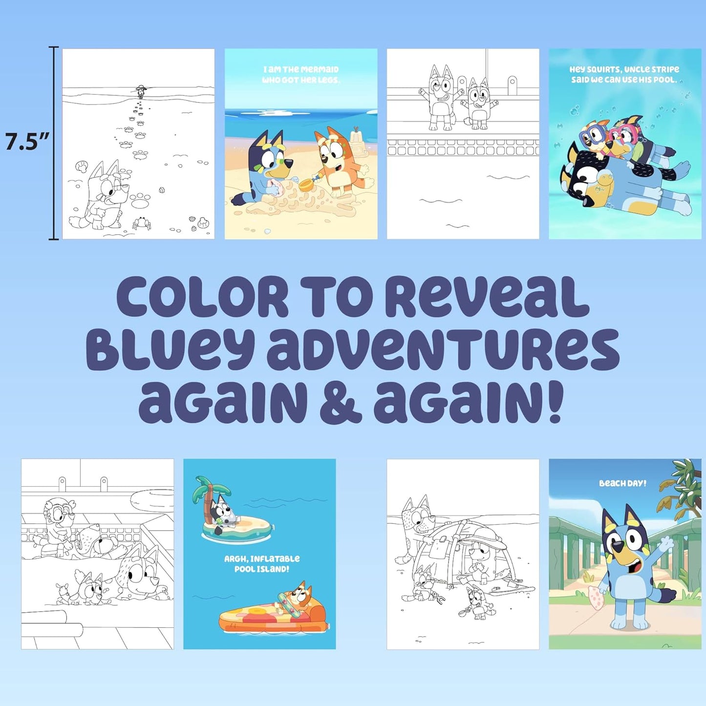 Bluey Aqua Art - No Mess Reusable Water Reveal Activity 4 Pages with Water Pen, Set of 2