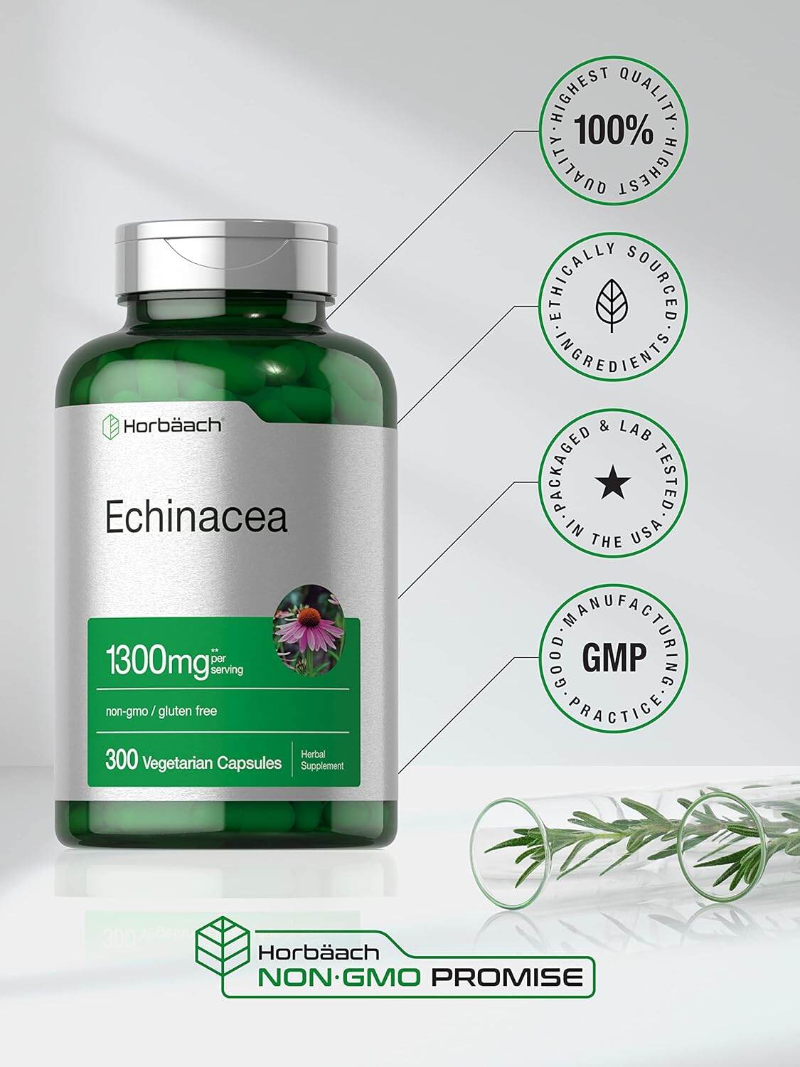 Horbaach Echinacea 1300mg Supplement 300 Vegetarian Capsules