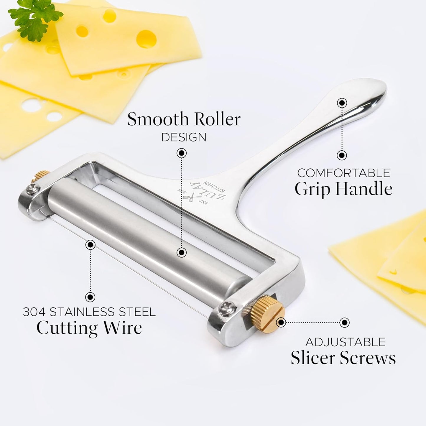 Zulay Kitchen Stainless Steel Wire Cheese Slicer Adjustable Hand Held Cheese Cutter with 2 Extra Wires