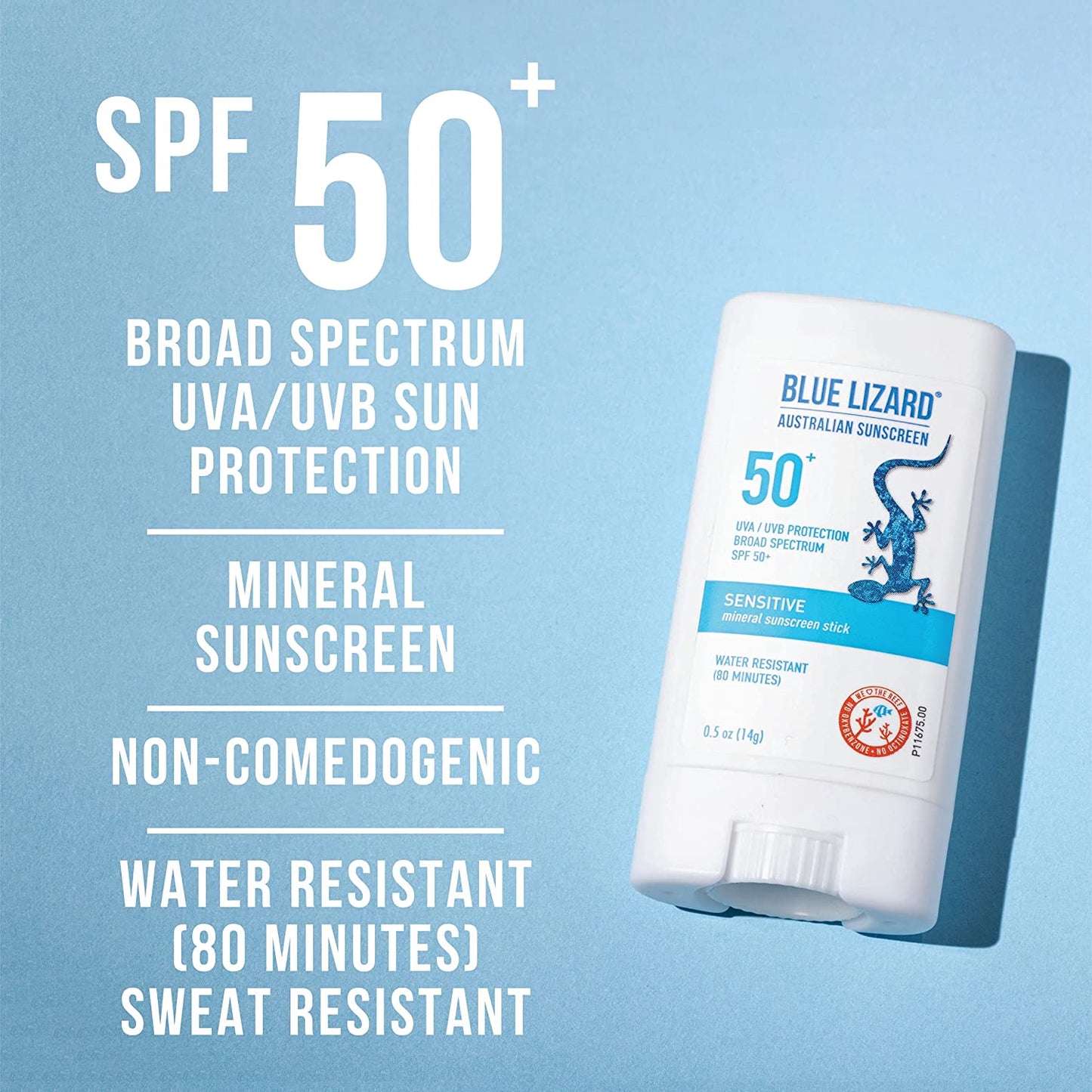 BLUE LIZARD Sensitive Mineral Sunscreen Stick with Zinc Oxide SPF 50+, 0.5 oz. / 14g