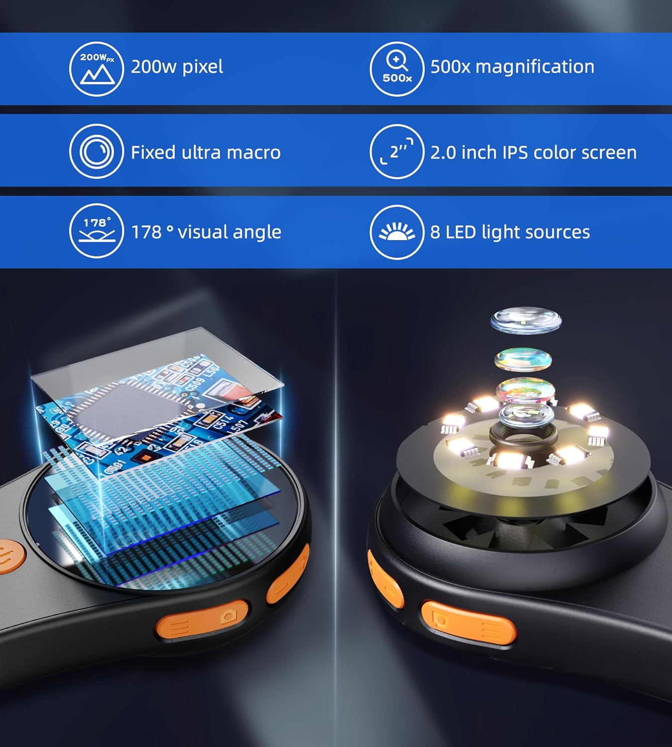 Digital Microscope Fixed Focus, 2.0 Inch IPS Screen, 500X Magnification, Black