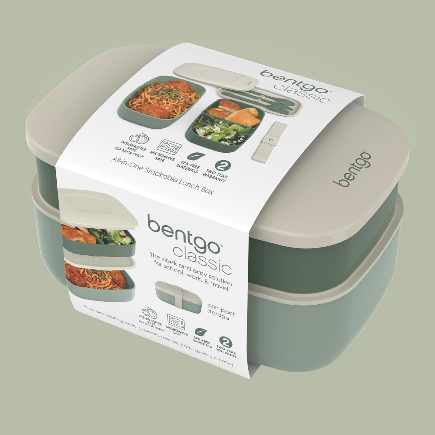 Bentgo Classic Adult Bento Box, Stackable 3 Compartment Lunch Box (Khaki Green)