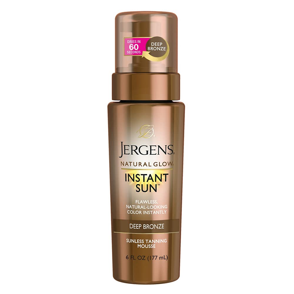 Jergens Natural Glow Instant Sun Sunless Tanning Mousse Body Bronzer for Deep Bronze Tan, 6 fl.oz / 177 ml (NO CAP)