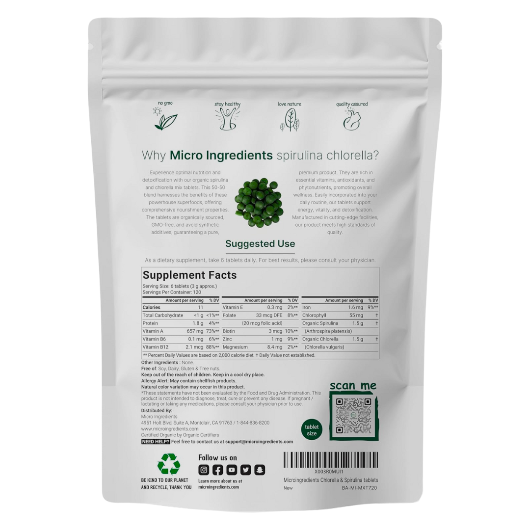 Microingredients Organic Spirulina Chlorella Supplement 720 Tablets