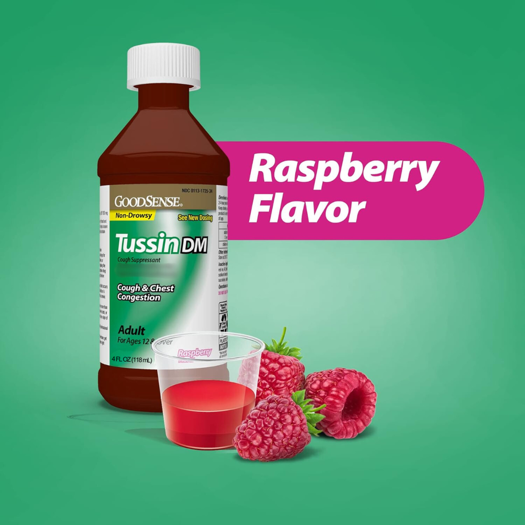 GoodSense Tussin Syrup DM Congestion Relief Raspberry Flavor 4 fl oz / 118ml