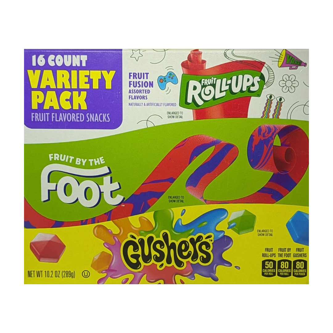 Variety Pack Fruit Flavored Snacks by Fruit Roll-Ups, Flavors Fruit By the Foot & Gushers, 16 Count