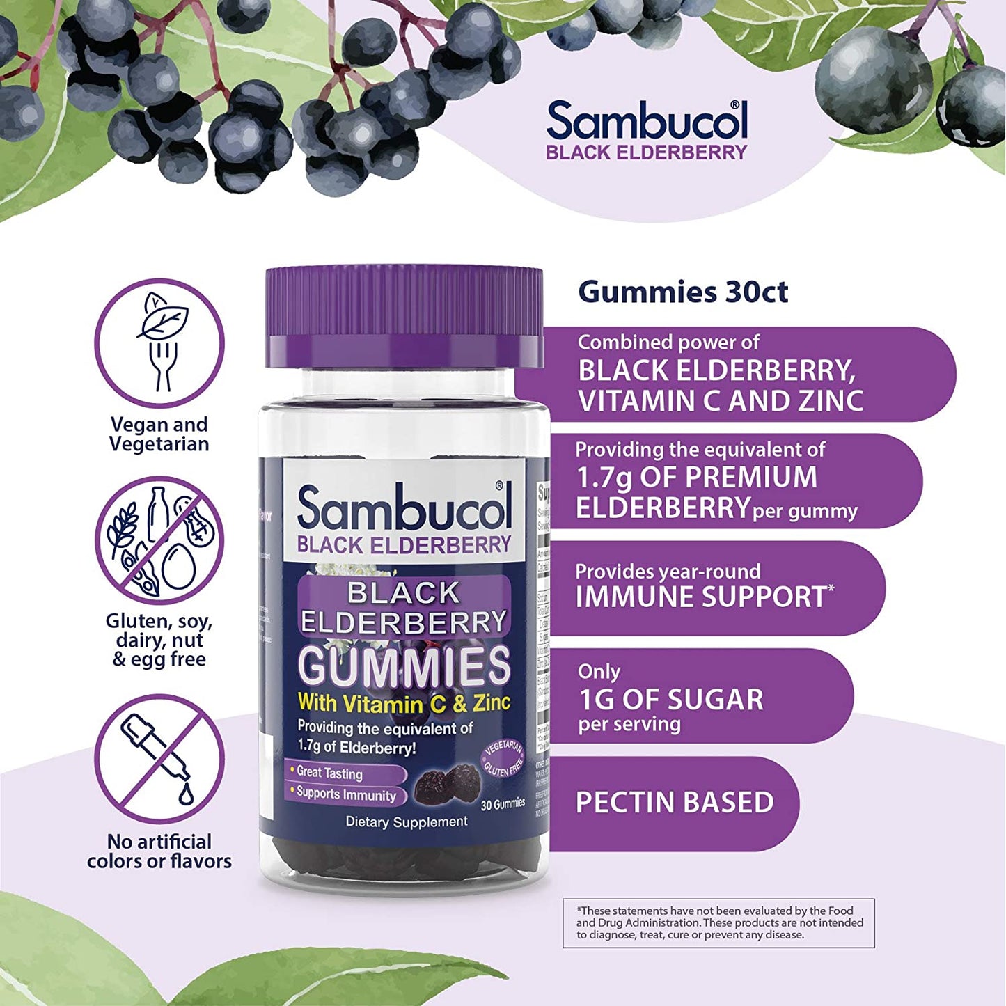 Sambucol Black Elderberry Gummies with Vitamin C & Zinc, 30 Gummies