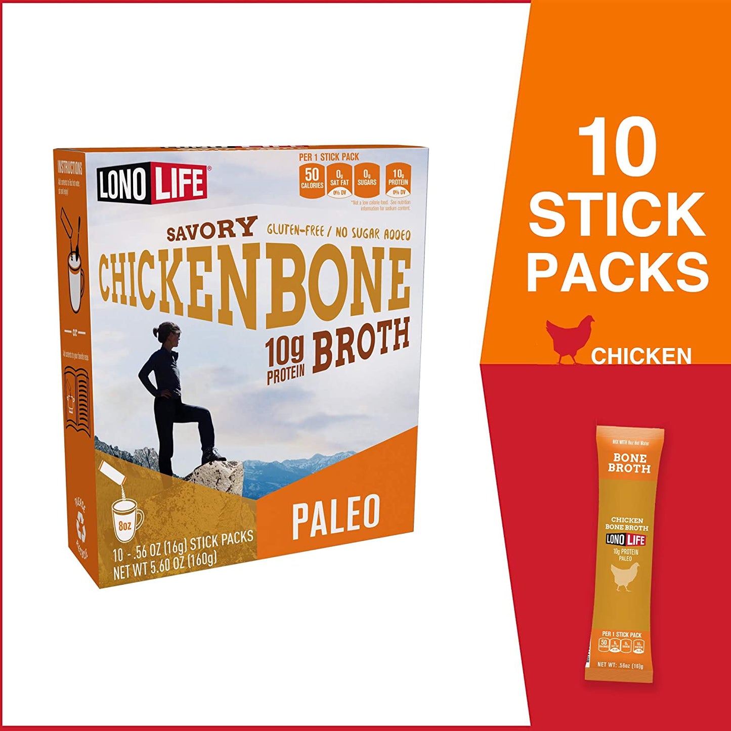 LonoLife Savory Chicken Bone Broth Powder Paleo and Keto Friendly, 10 Individual Stick Packets