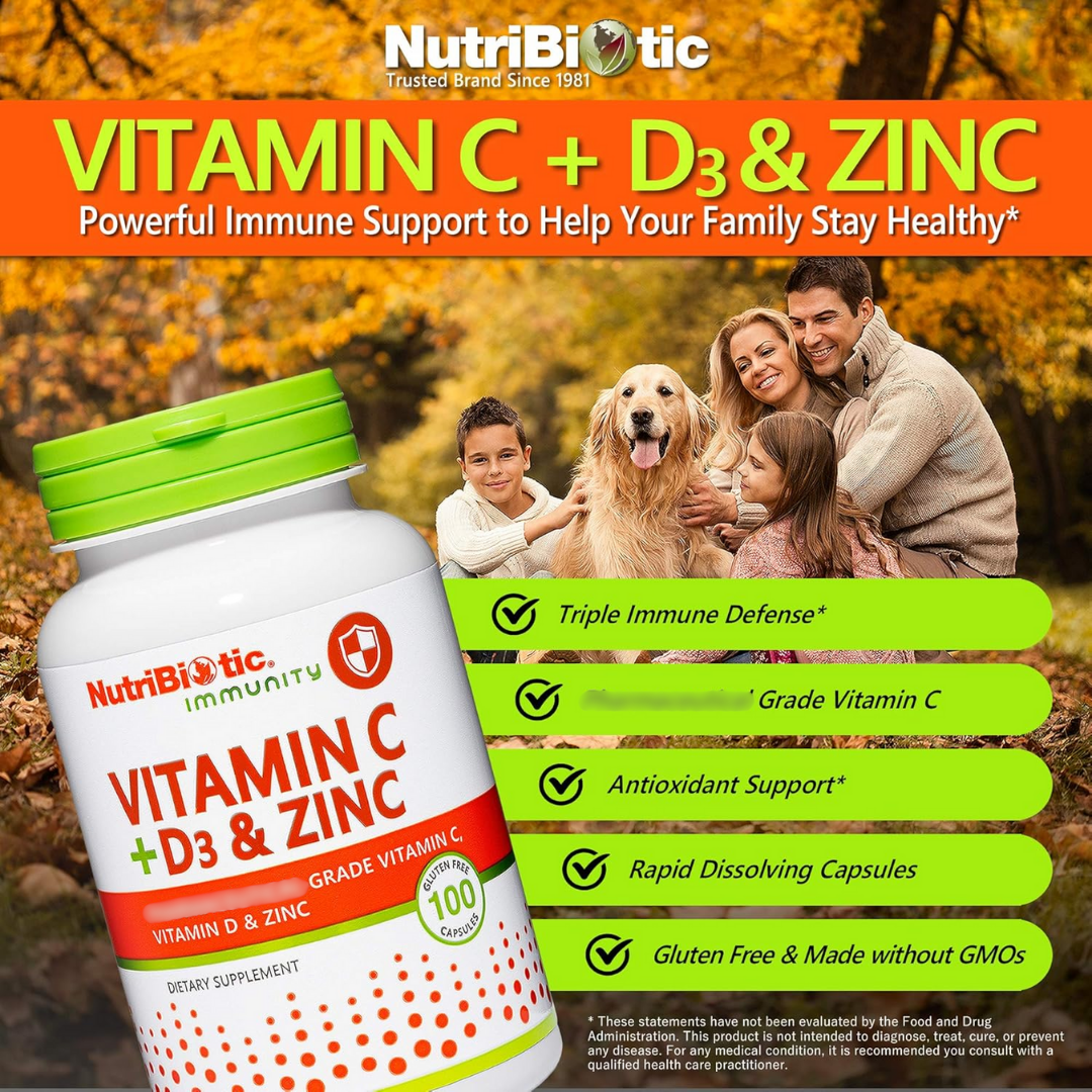 NutriBiotic Immunity Vitamin C + D3 & Zinc, 100 Capsules