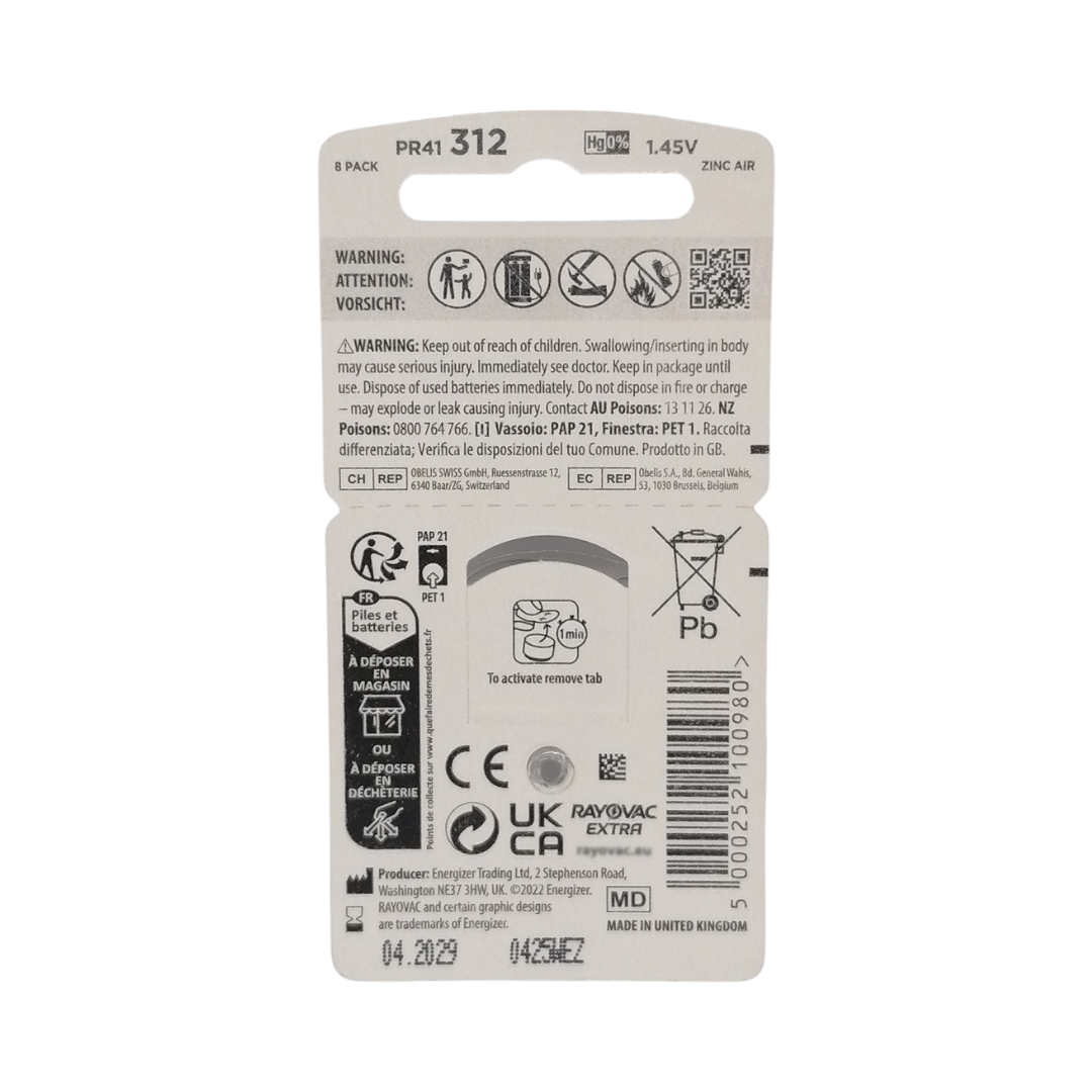 Rayovac Extra Hearing Aid Batteries Size 312, 8 Pack