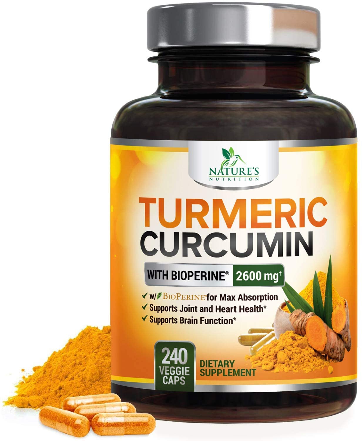 Nature's Nutrition Turmeric Curcumin with Bioperine 95% Curcuminoids 2600mg with Black Pepper for Best Absorption, 240 Capsules