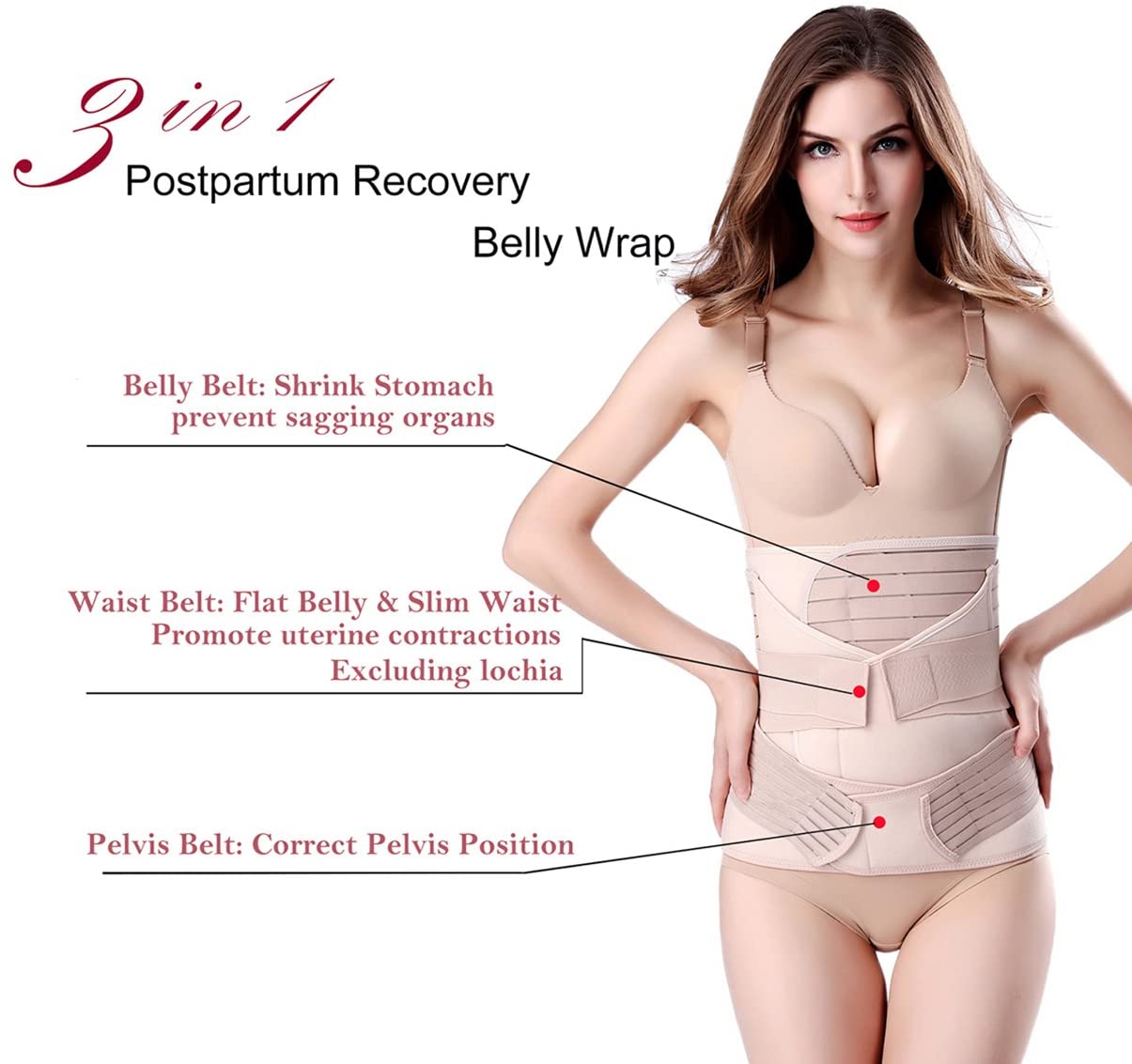 ChongErfei 3-in-1 Postpartum Support Recovery Belly/Waist/Pelvis Belt Shapewear Slimming Girdle, Beige, One Size