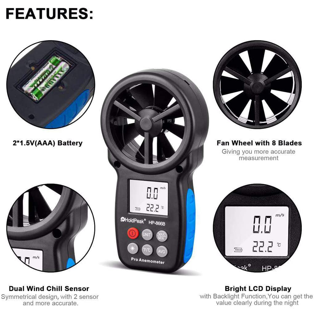 HOLDPEAK 866B Digital Anemometer Handheld Wind Speed Meter