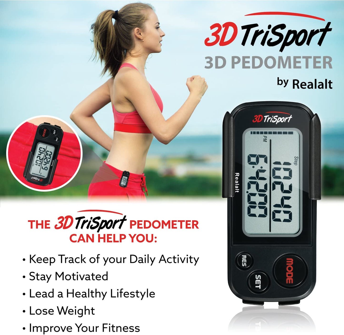 Realalt 3DTriSport Walking 3D Pedometer (30 Days Memory) Stealth Black