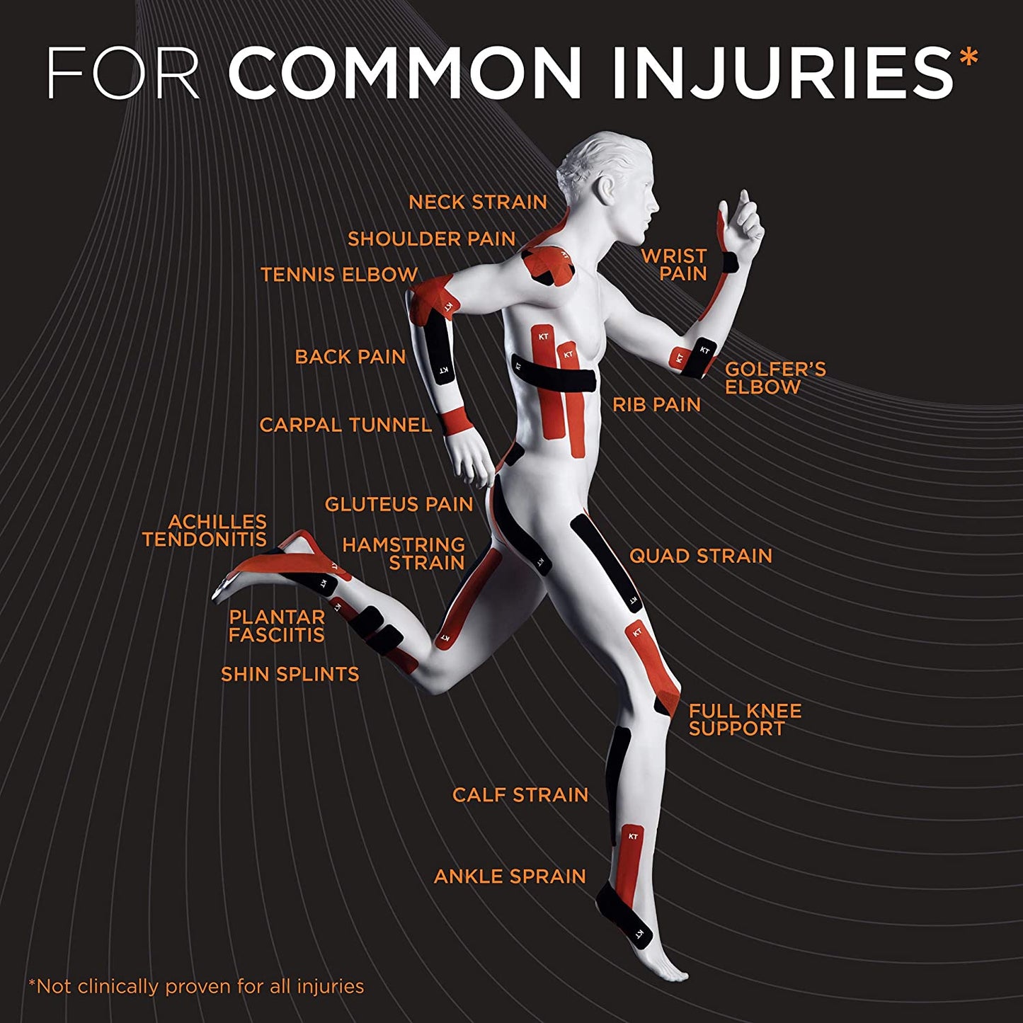 KT Tape Original Cotton Elastic Kinesiology Therapeutic Athletic Tape, 2" x 10" Black, 20 Strips