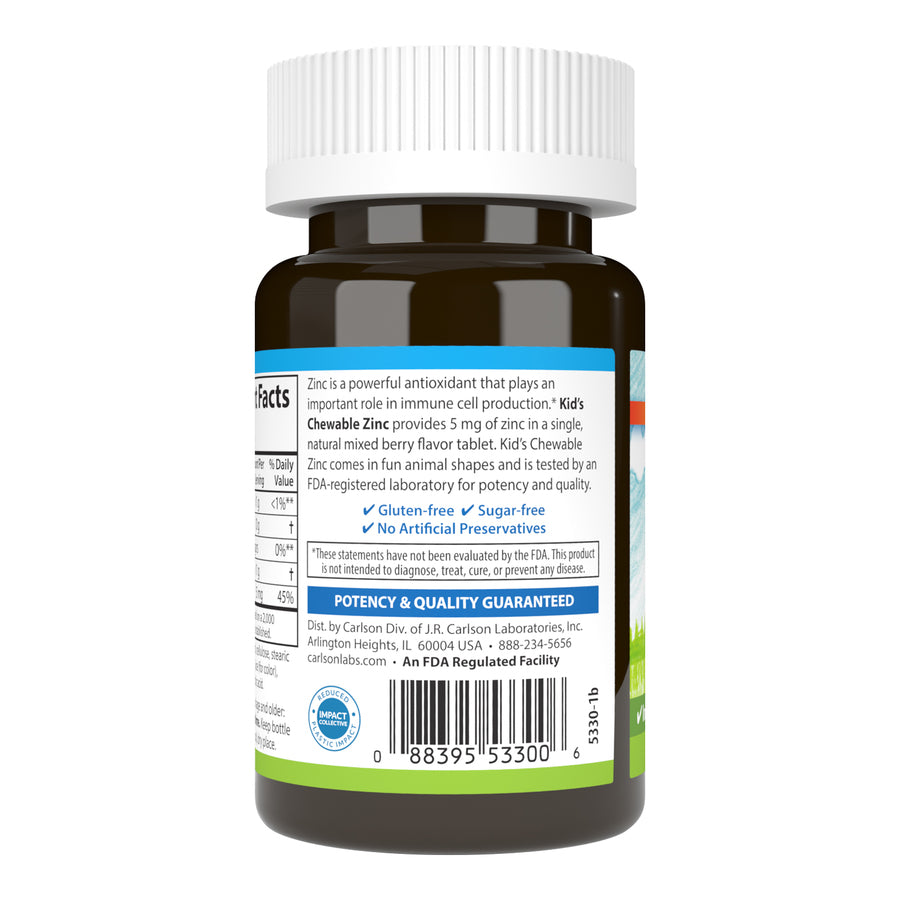 Carlson Kid's Chewable Zinc 5mg Mixed Berry Flavor 42 Tablets Immune Support, Antioxidant & Optimal Wellness