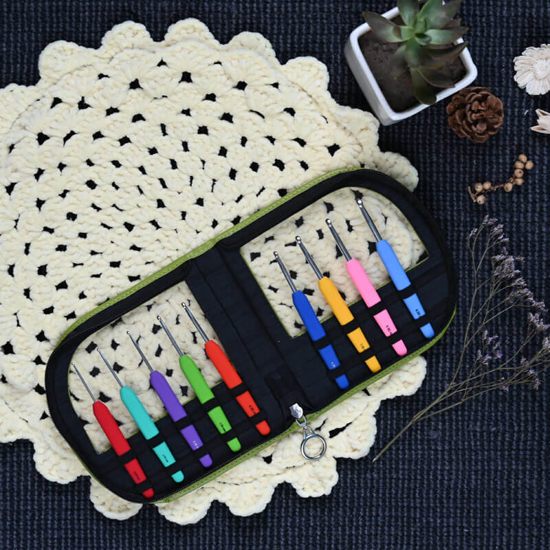 KnitPro Waves Single Ended Set of 9 Aluminum Crochet - Neon Green Leatherette Case (30921)