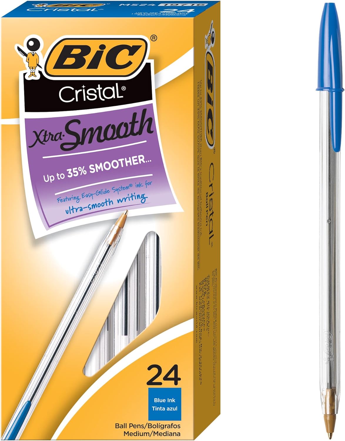 Bic Cristal Xtra Smooth Ball Pen, 24 Blue Medium Ink