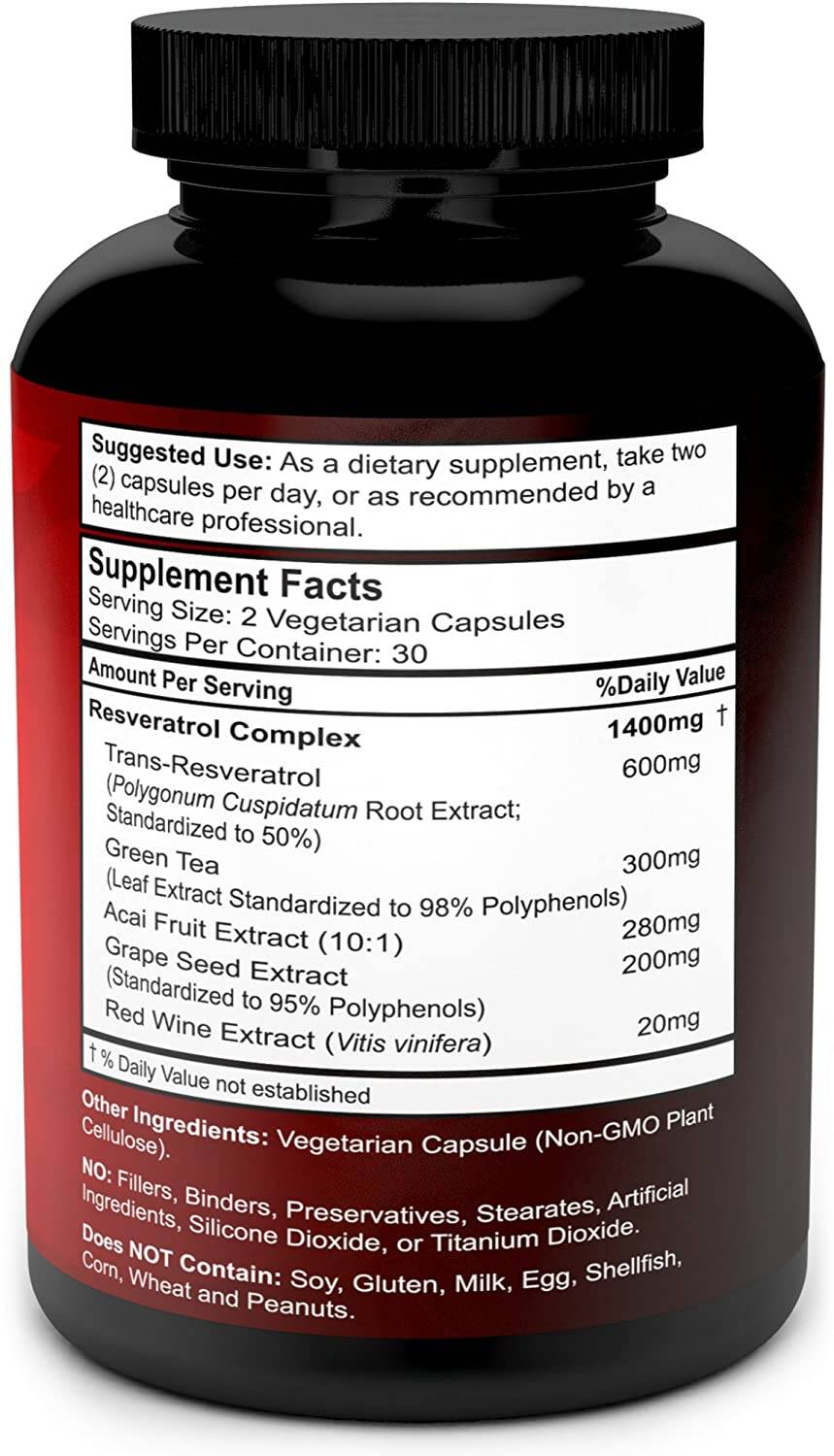 Divine Bounty Resveratrol Supplement 1400mg with Grape Green Tea Acai with Red Wine Extract, 60 Vegetarian Capsules