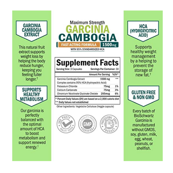 Bio Shwartz Garcinia Cambogia Maximum Strength Fast Acting Supplement 1500 mg 95% HCA 90 capsules