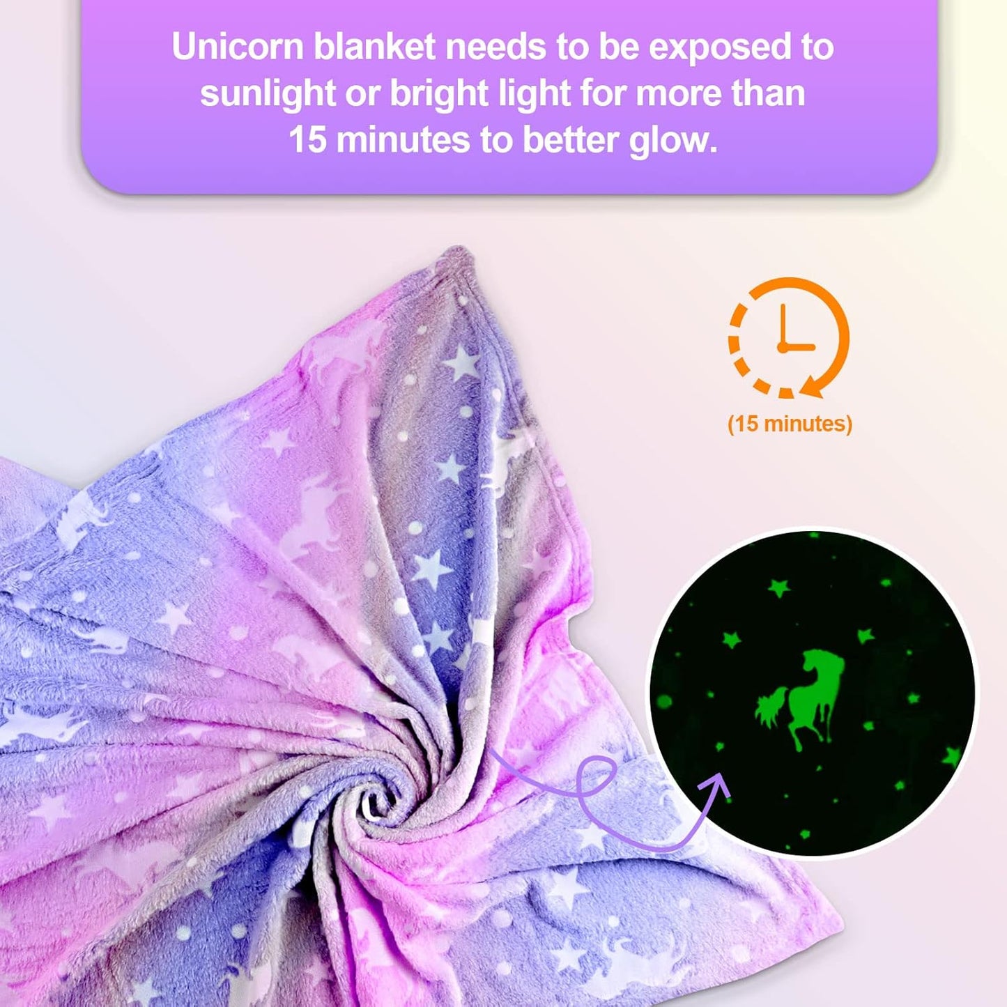 Unicorn Glow In The Dark Blanket For Girls/Kids Age 3-12, Soft Fleece Throw, 40 X 60
