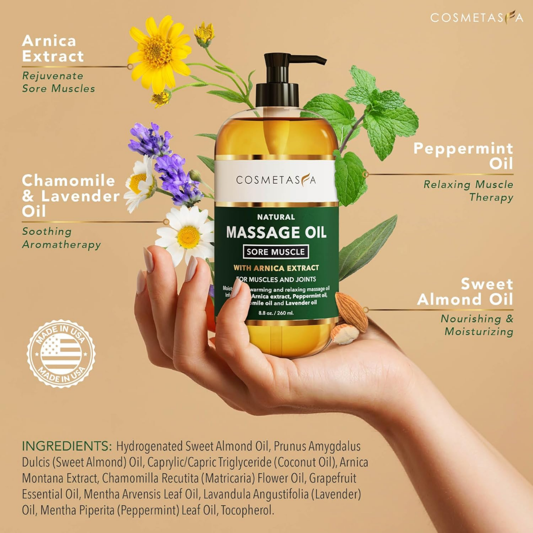 Cosmetasa Massage Oil Sore Muscle with Massage Roller Ball 8.8oz (260 ml)