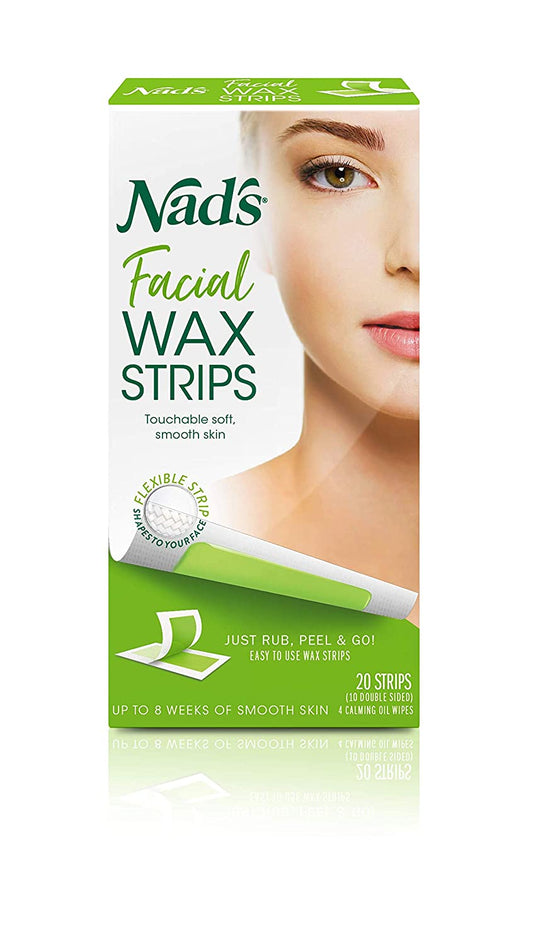 Nad's Facial Wax Strips + 4 Calming Oil Wipes Waxing Kit, 20 Count