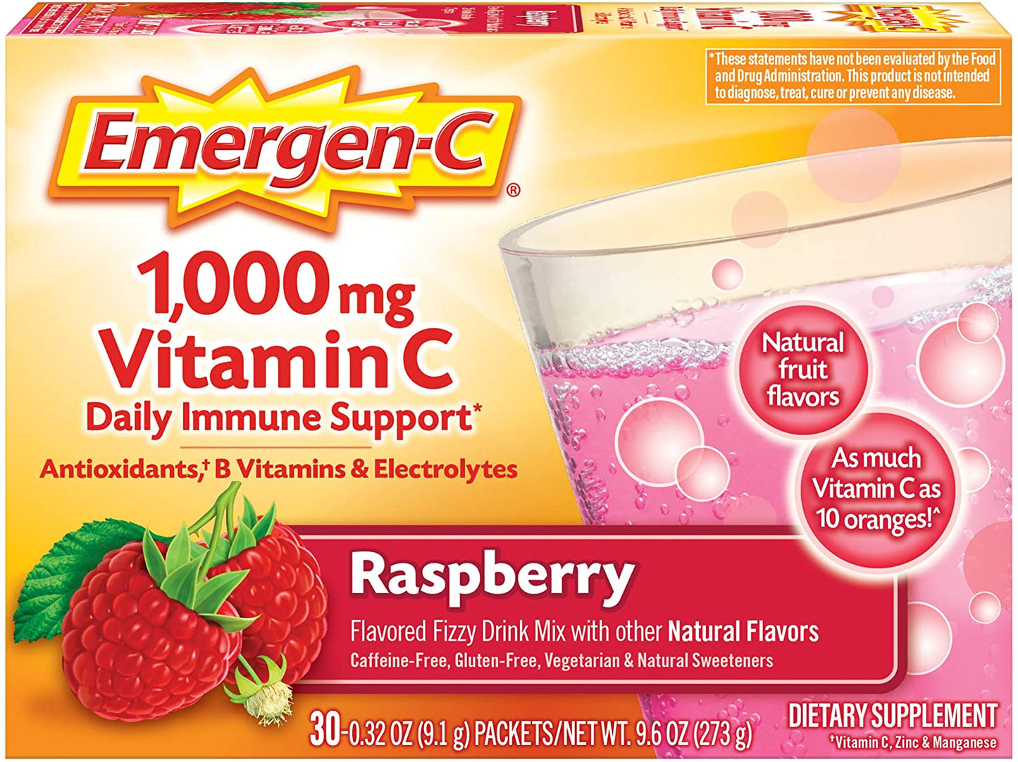 Emergen-C 1000mg Vitamin C Powder Daily Immune Support | Raspberry Flavor - 30 Count