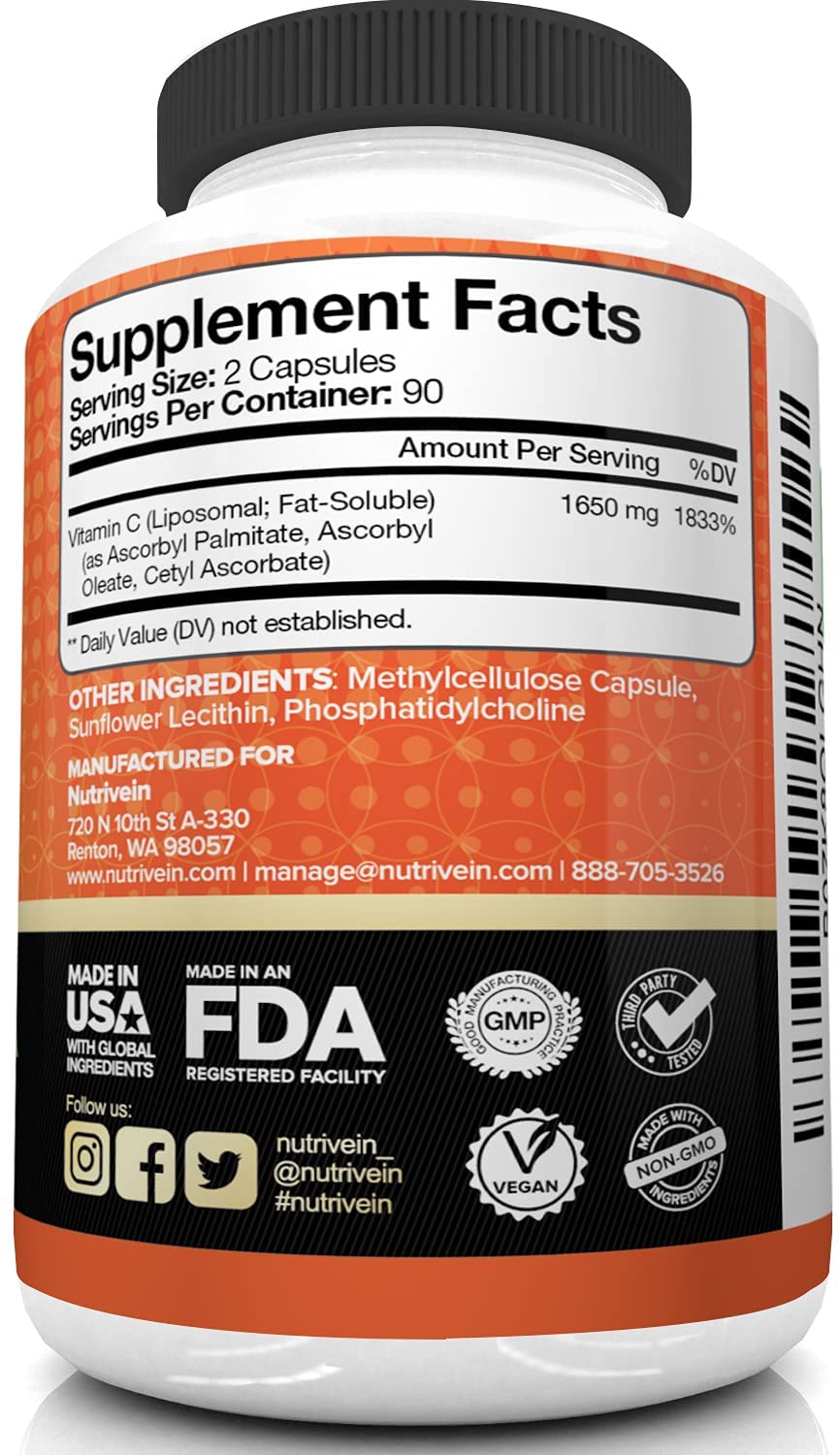 Nutrivein Liposomal Vitamin C 1650mg, 180 Vegetable Capsules