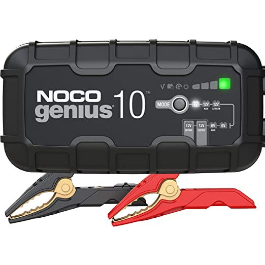 N OC O Genius 10 Charger Maintainer 6V and 12V 10A Charger, Batt Clamps + Connector IP65