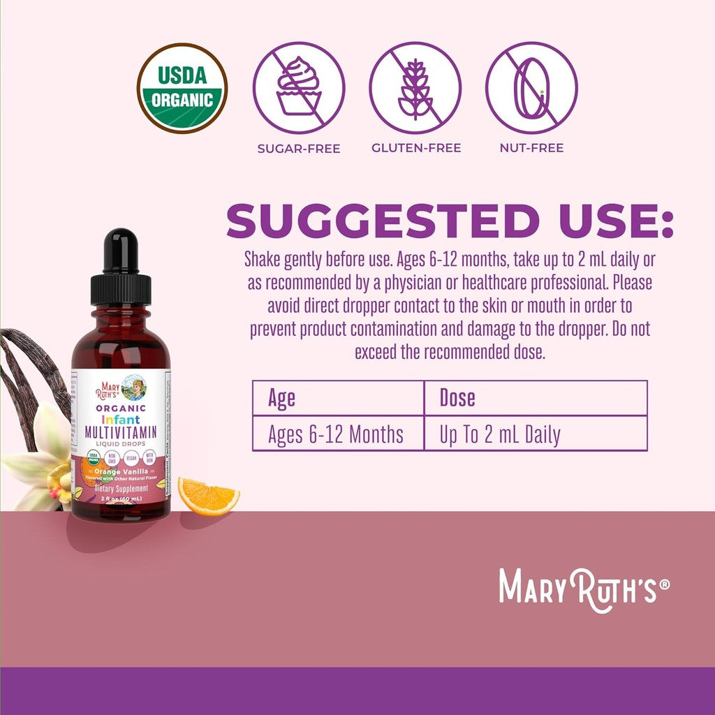 Mary Ruth's Organic with Iron Infant Multivitamin for Immune Support Orange Vanilla, 60 ml / 2 fl oz