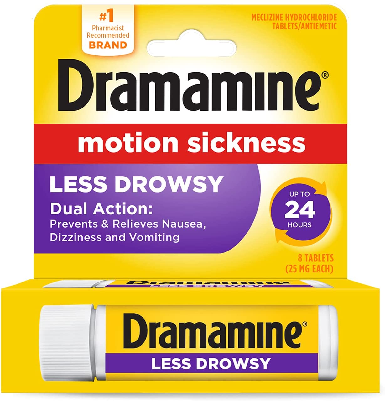 Dramamine All Day Less Drowsy 25 mg Motion Sickness Relief, 8 Tablets