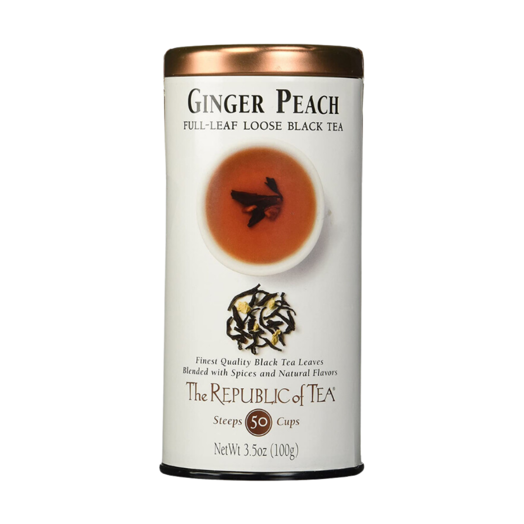 Trial Size The Republic of Tea Black Full-Leaf Loose Tea, Ginger Peach Black 100g, 50 cups PACKAGING MAY VARY