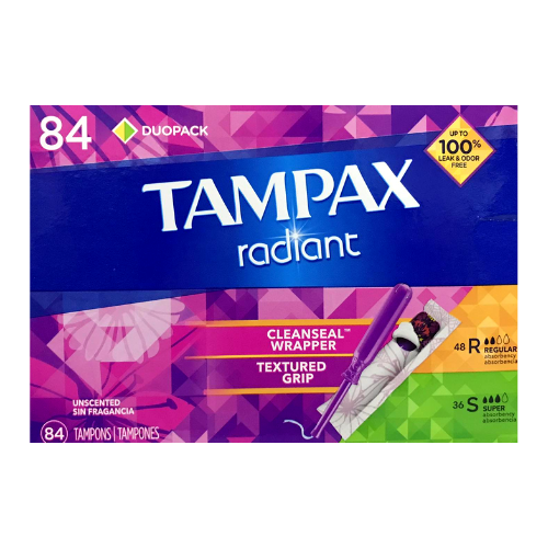 TAMPAX Radiant Tampons, Duo Pack 48 Regular &amp; 36 Super Absorbency, 84 Count