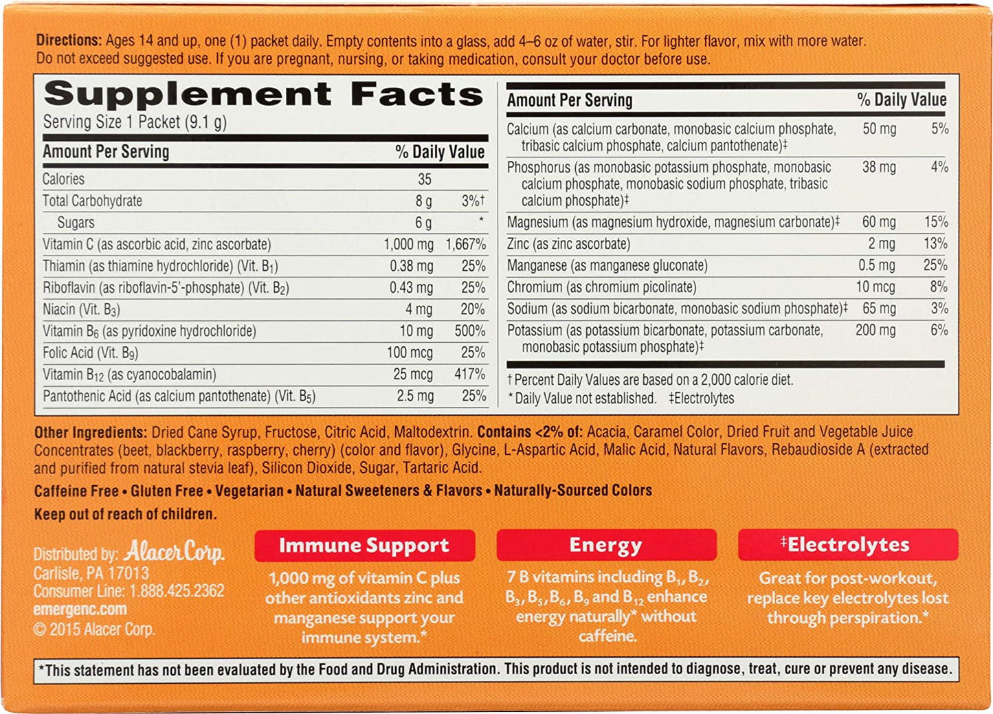 Emergen-C 1000mg Vitamin C Powder Daily Immune Support | Raspberry Flavor - 30 Count