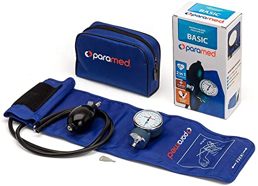 Paramed Basic Aneroid Sphygmomanometer with Manual Blood Pressure Cuff, Case and D-Ring, Blue (MAX02)