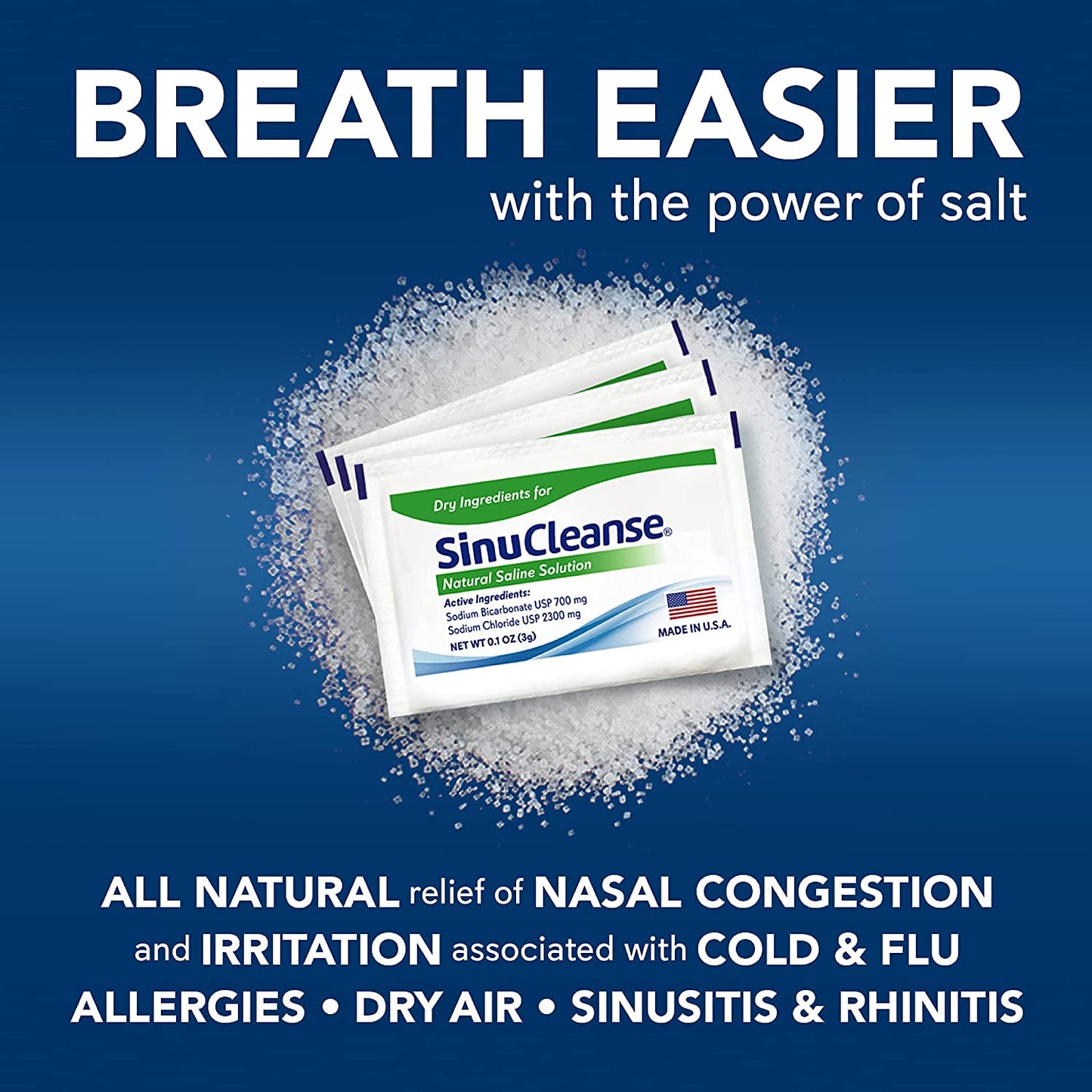 All-Natural SinuCleanse Breathe Premixed Saline Packets For Nasal Wash Systems 100 Packets
