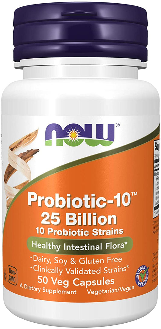 NOW Supplements Probiotic-10 25 Billion 10 Probiotic Strains Healthy Intestinal Flora, 50 Veg Capsules