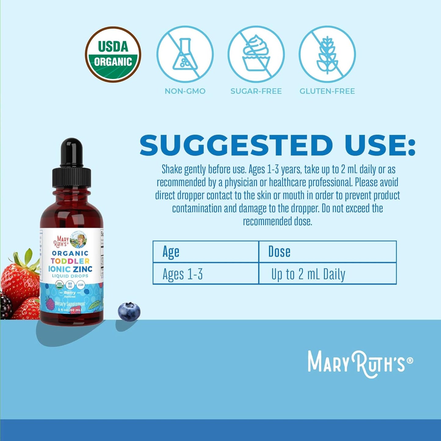 Mary Ruths Organic Toddler Ionic Zinc for Immune Support Berry, 60 ml / 2 fl oz