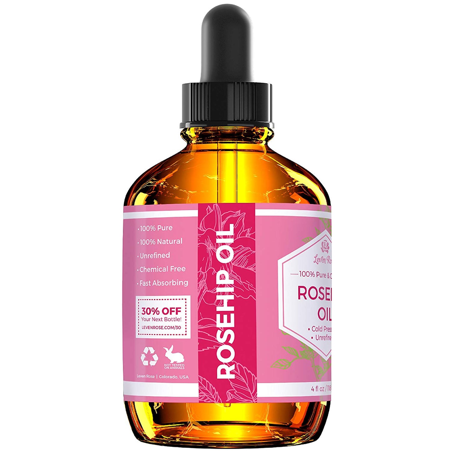 Leven Rose Rosehip Seed Oil 100% Pure Organic Unrefined Cold Pressed for Hair Skin & Nails (4 fl oz)