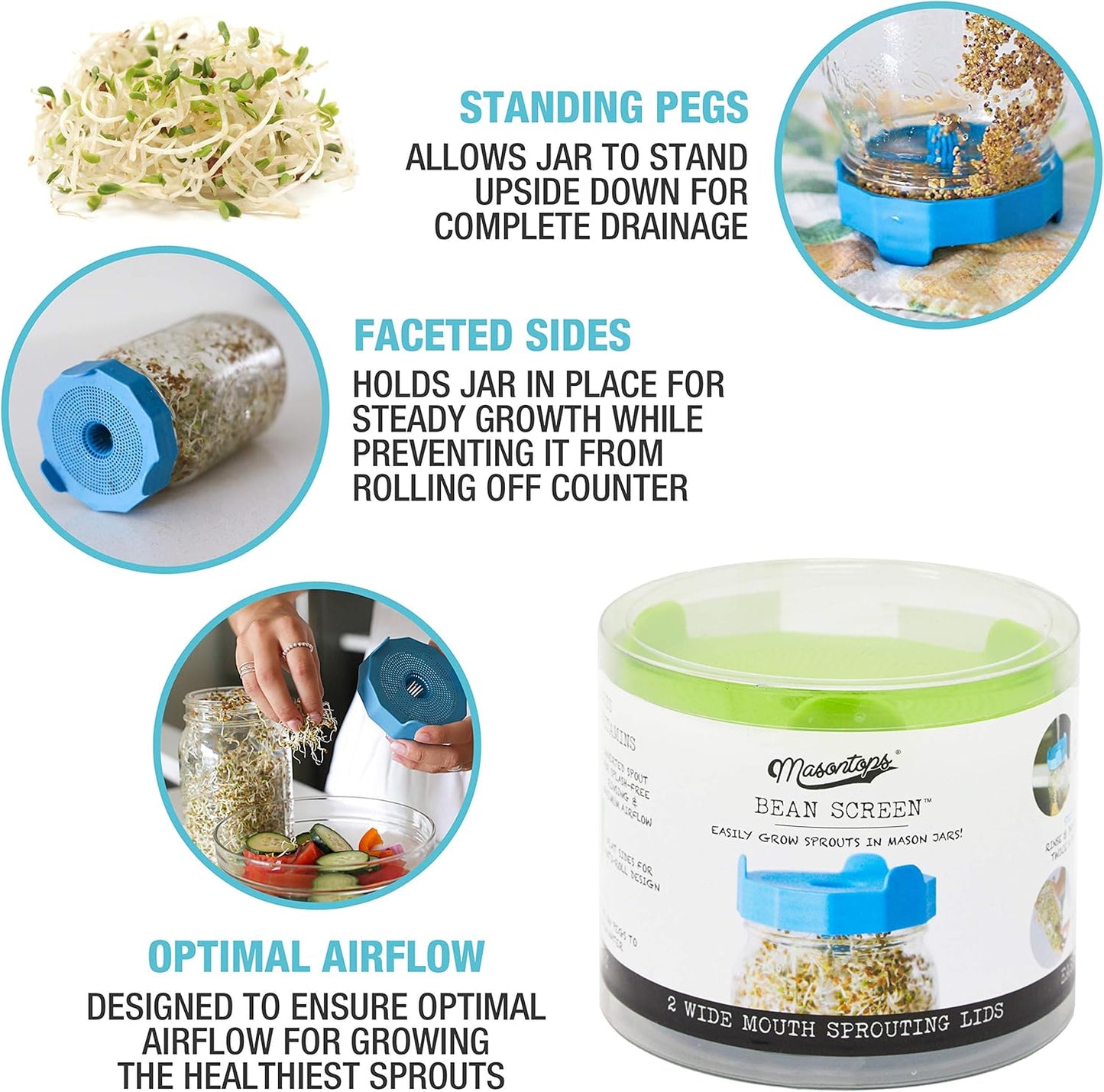 Masontops Bean Screen Plastic Mason, Wide Mouth Seed Sprouting Jar Lids Sprouting Kit