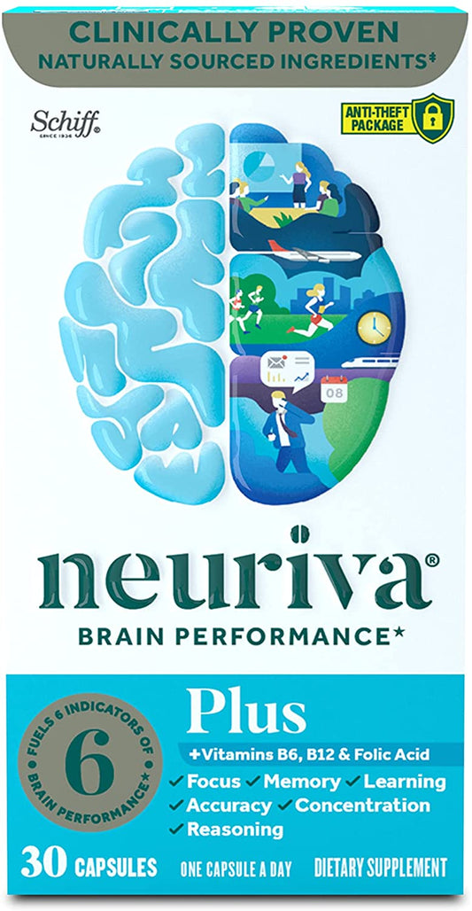 Neuriva Nootropic Brain Support Supplement + Vitamin B6, B12 & Folic Acid, 30 Capsules