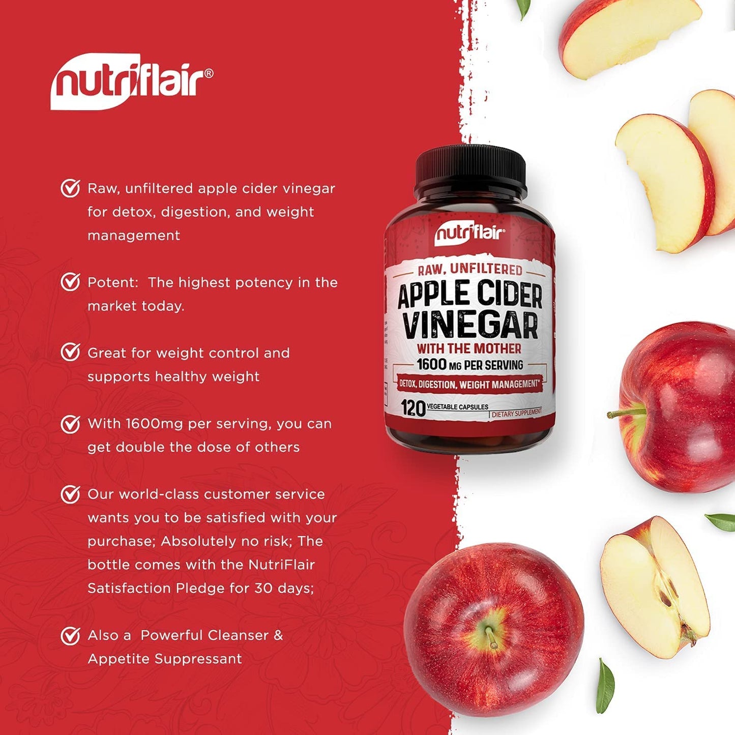 NutriFlair Raw, Unfiltered Apple Cider Vinegar with Mother 1600mg Supplement -120 Vegetable Capsule