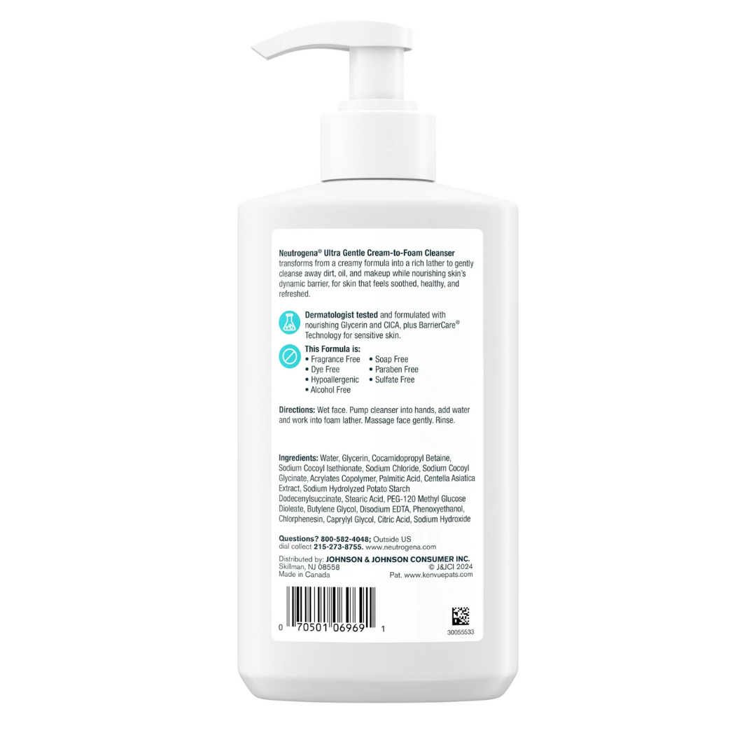 Neutrogena Ultra Gentle Cream-to-Foam Cleanser for Sensitive Skin with CICA, 354 ml / 12 fl oz