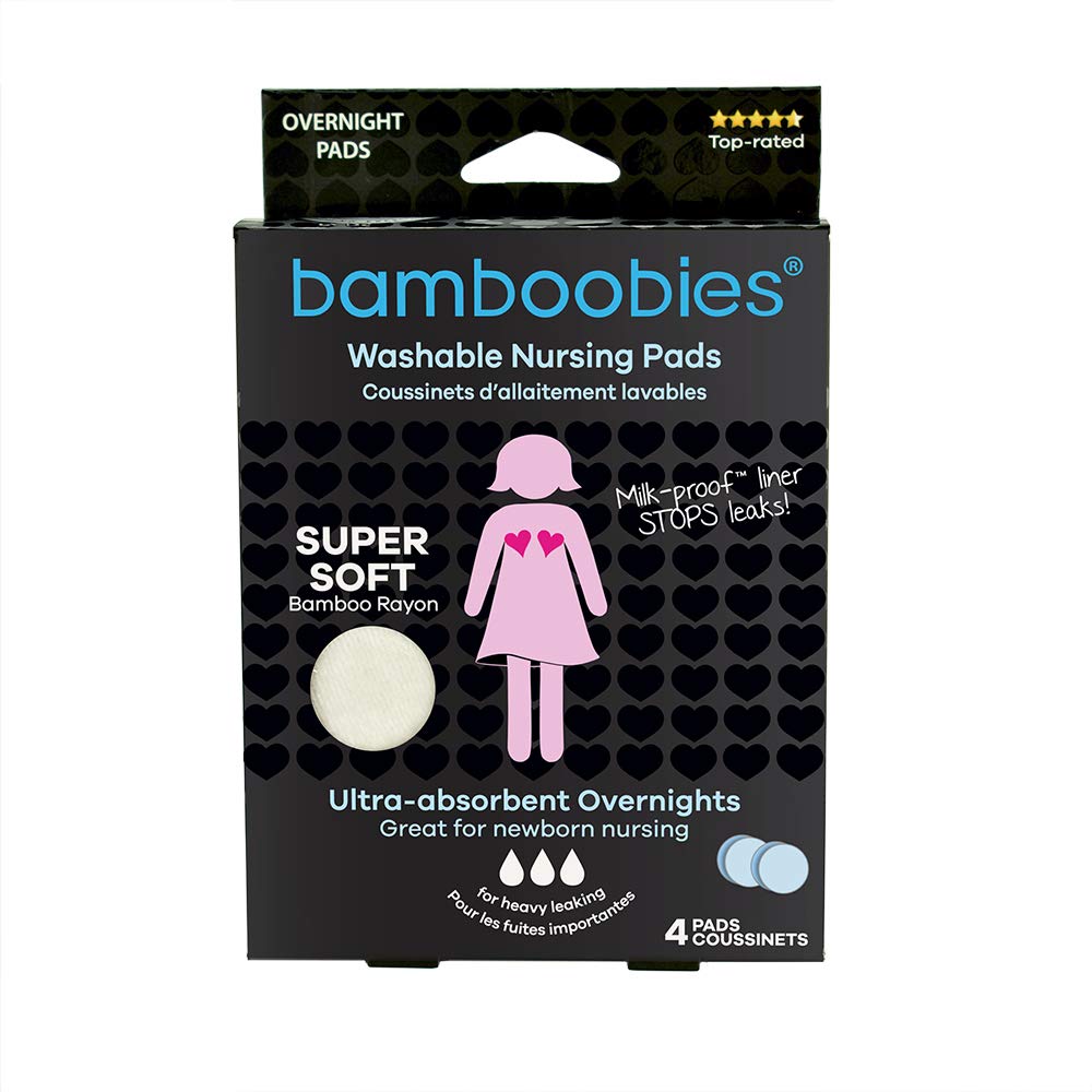 Bamboobies Washable Nursing Pads For Breastfeeding, Reusable Breast Pads, 2 Overnight Pairs (4 Pads)