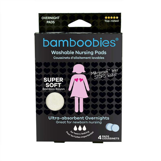 Bamboobies Washable Nursing Pads For Breastfeeding, Reusable Breast Pads, 2 Overnight Pairs (4 Pads)