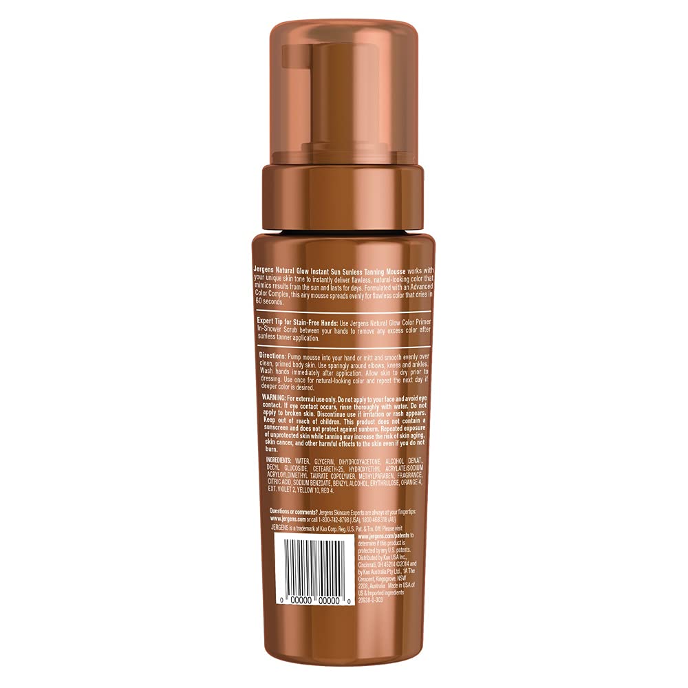 Jergens Natural Glow Instant Sun Sunless Tanning Mousse Body Bronzer for Deep Bronze Tan, 6 fl.oz / 177 ml (NO CAP)