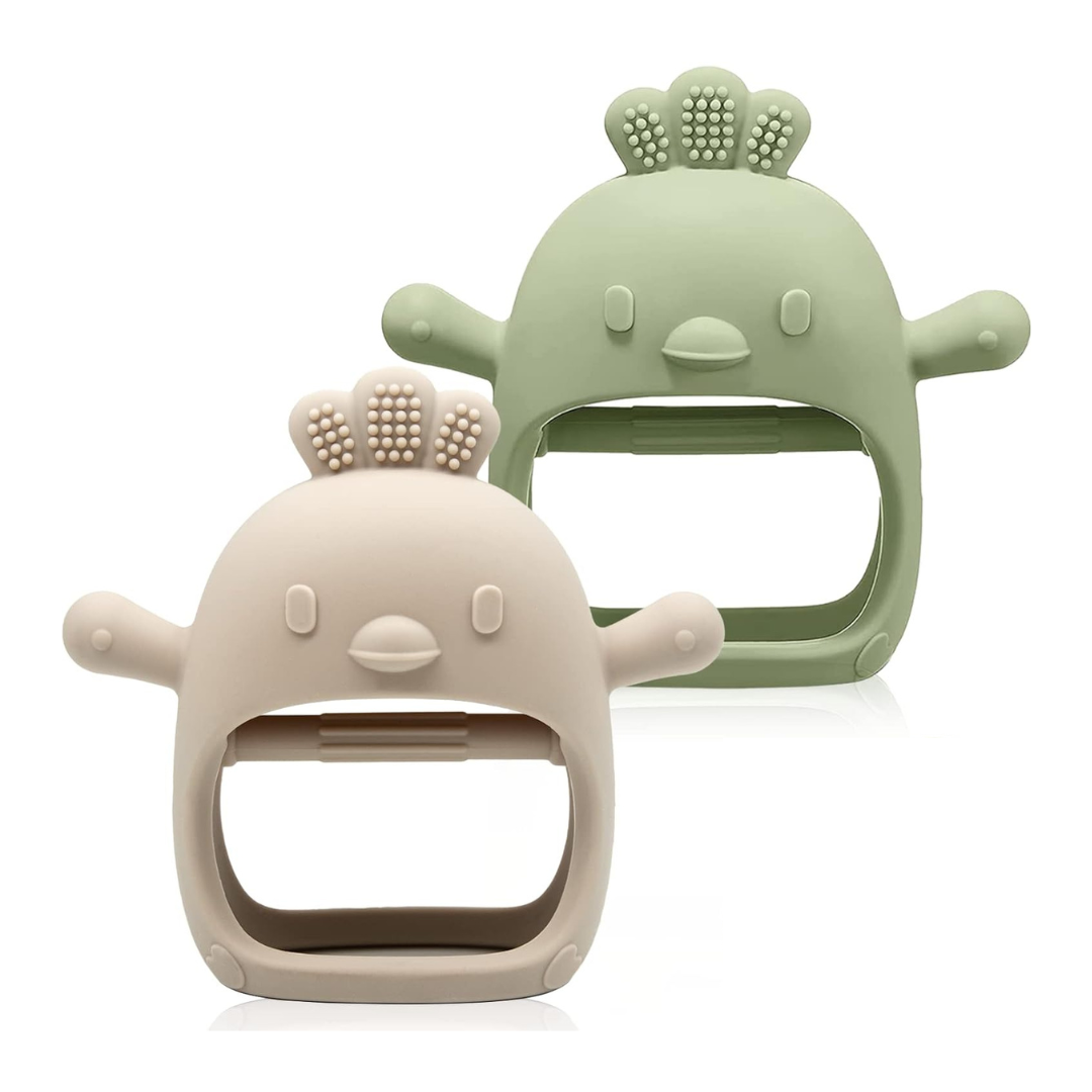 Baby Teething Toy Silicone Mitten Anti Dropping Wrist Hand Teethers (Green & Caramel)