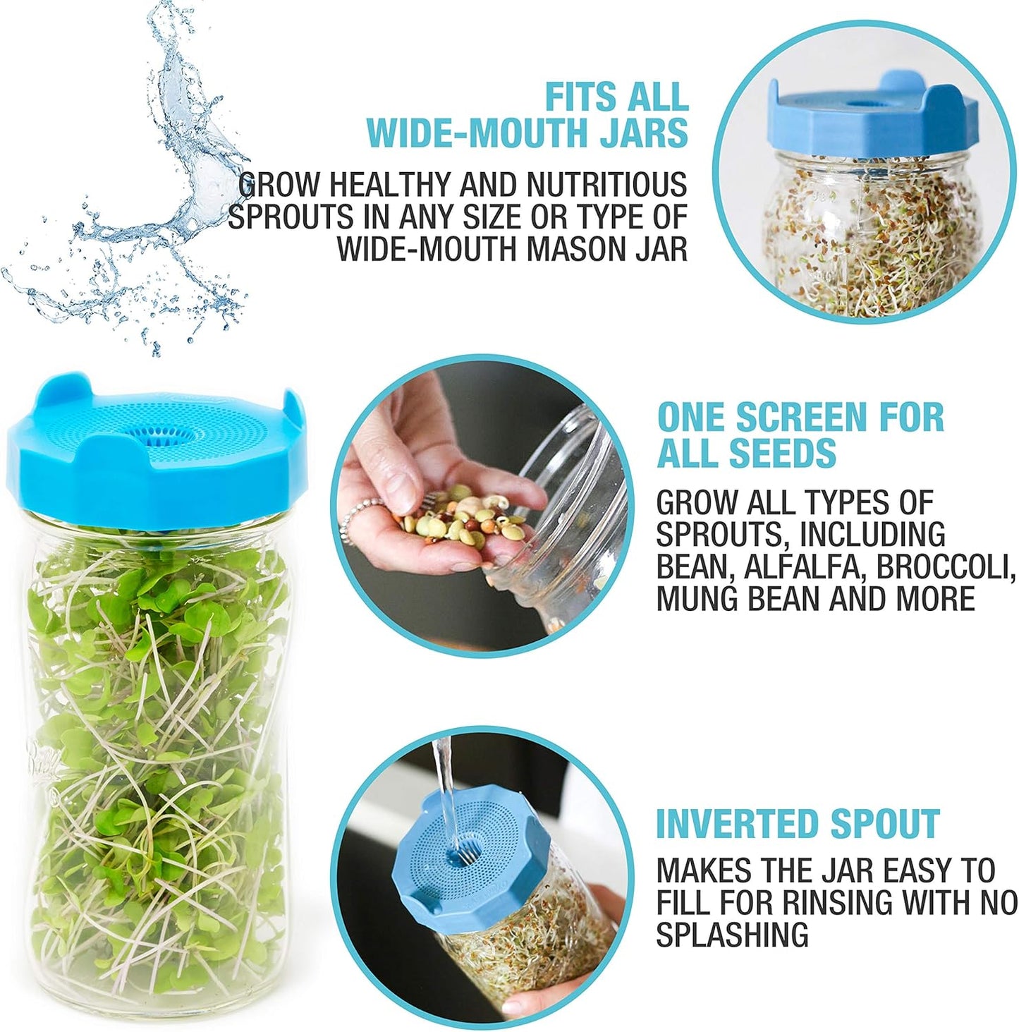 Masontops Bean Screen Plastic Mason, Wide Mouth Seed Sprouting Jar Lids Sprouting Kit